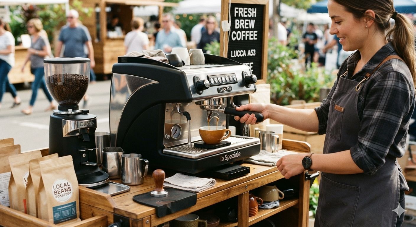 Barista pulling an espresso shot on a La Spaziale machine at a mobile coffee cart
